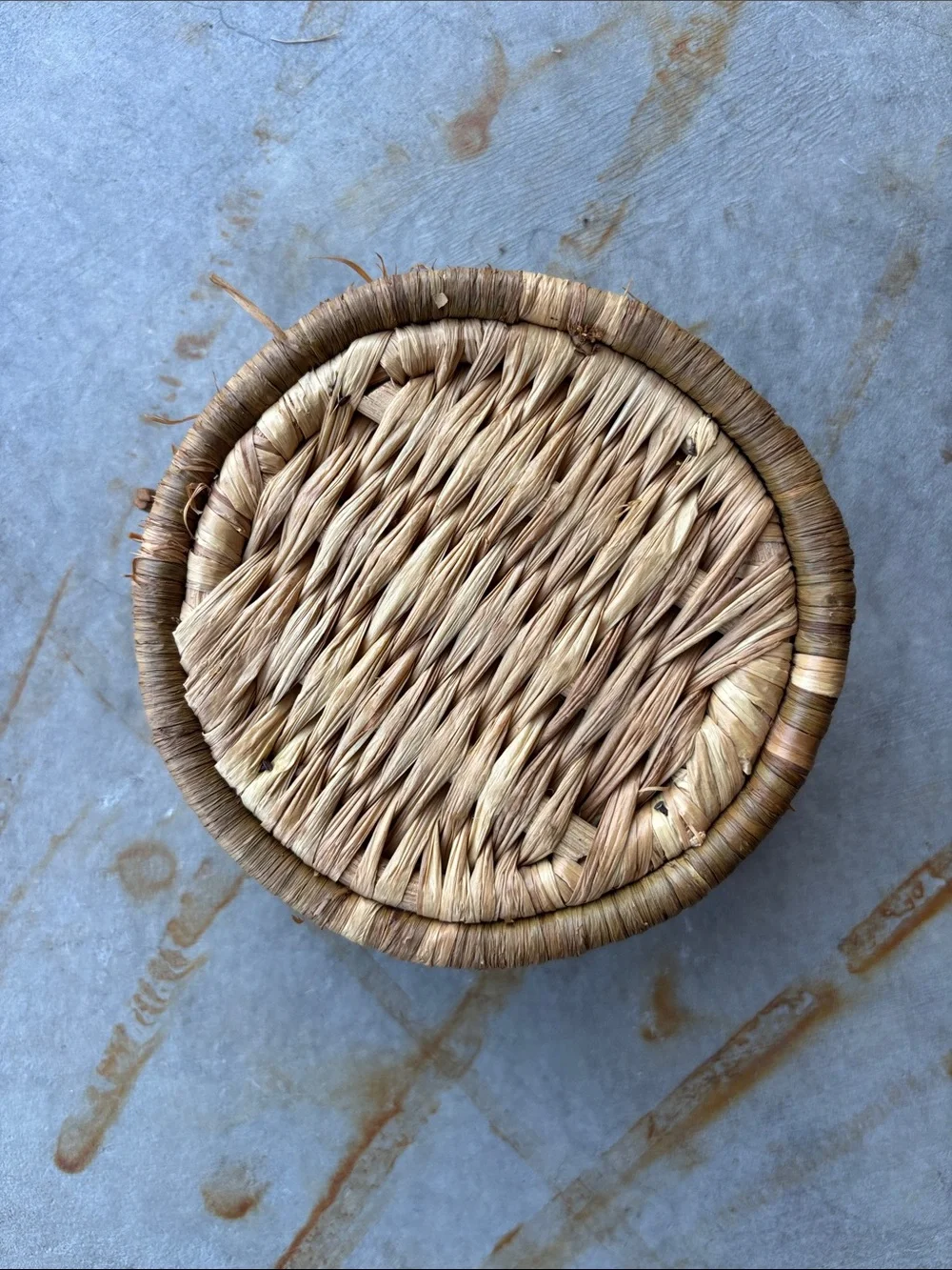 Vintage Raffia Round Trinket Sewing Box with Portrait Medallion